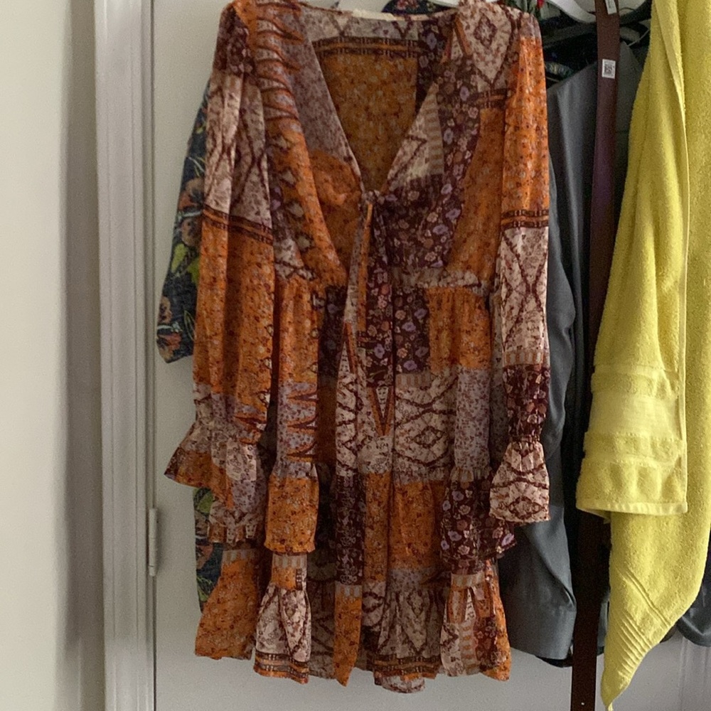 Orange Patchwork Front Tie Dress - image 3